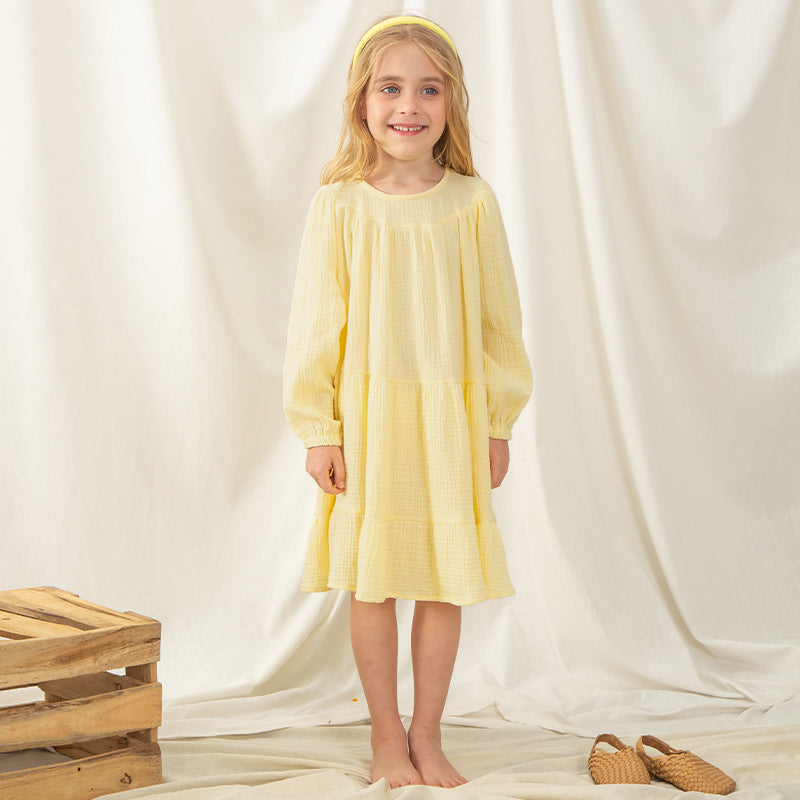 Girls Flowy Long-Sleeve Casual Loose Yellow Princess Dress