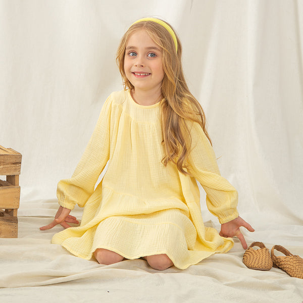 Girls Flowy Long-Sleeve Casual Loose Yellow Princess Dress