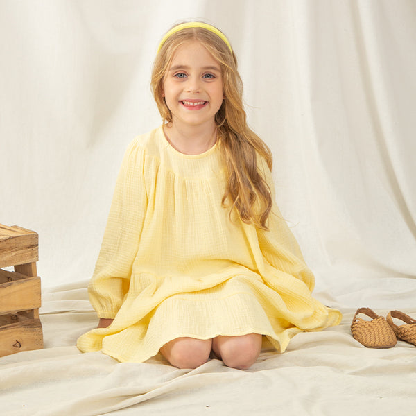 Girls Flowy Long-Sleeve Casual Loose Yellow Princess Dress