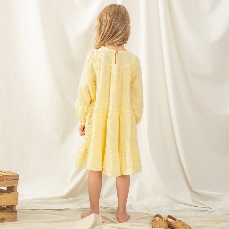 Girls Flowy Long-Sleeve Casual Loose Yellow Princess Dress