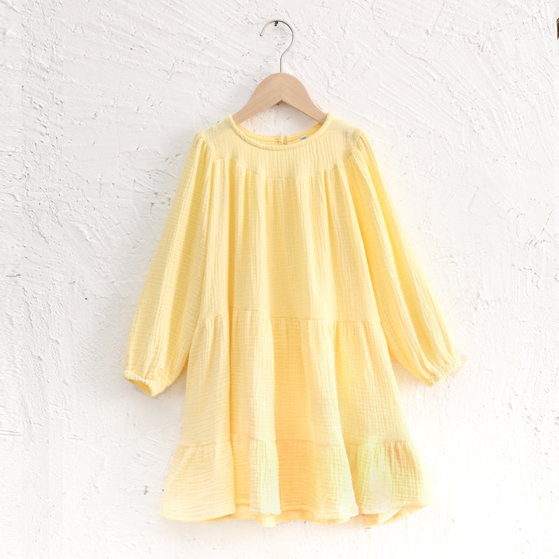 Girls Flowy Long-Sleeve Casual Loose Yellow Princess Dress