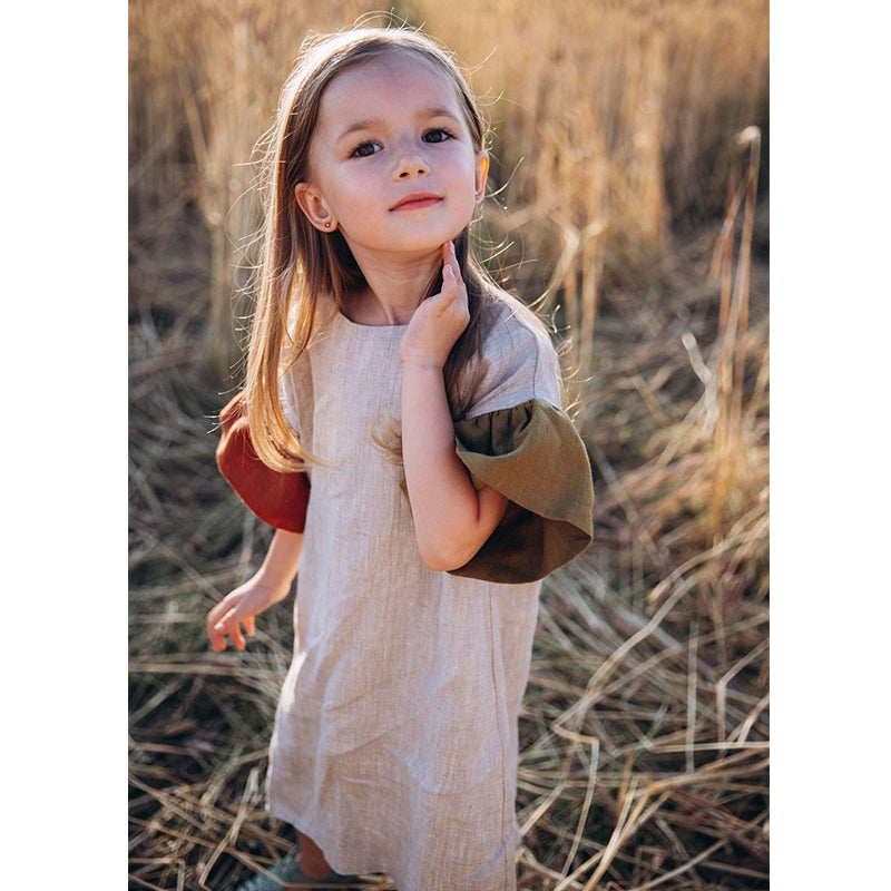 Girls Natural Linen Patchwork Flare Sleeve Casual Dresses TZ045