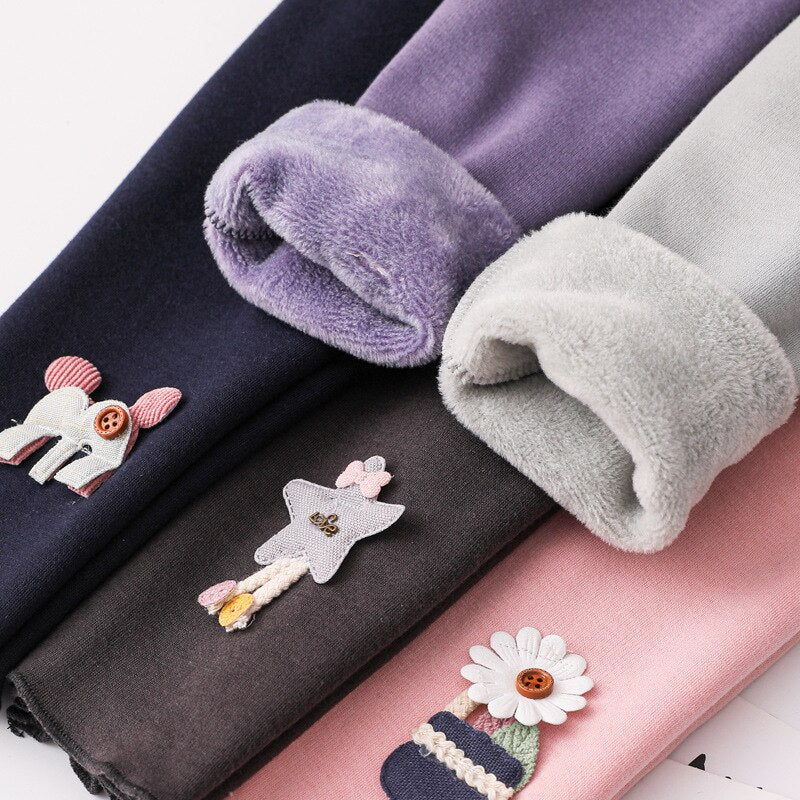 Girls Plus Velvet Thickened Warm Leggings Autumn Winter Children's Solid Cartoon Pants Toddler Baby Kids Casual Trousers WTP81