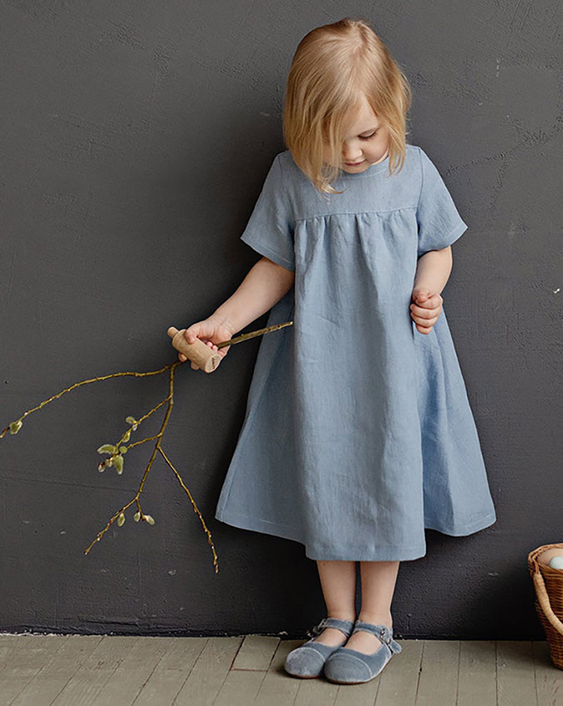 Girls Round Neck Solid Color Pleated Loose Short-Sleeve Dresses TZ31