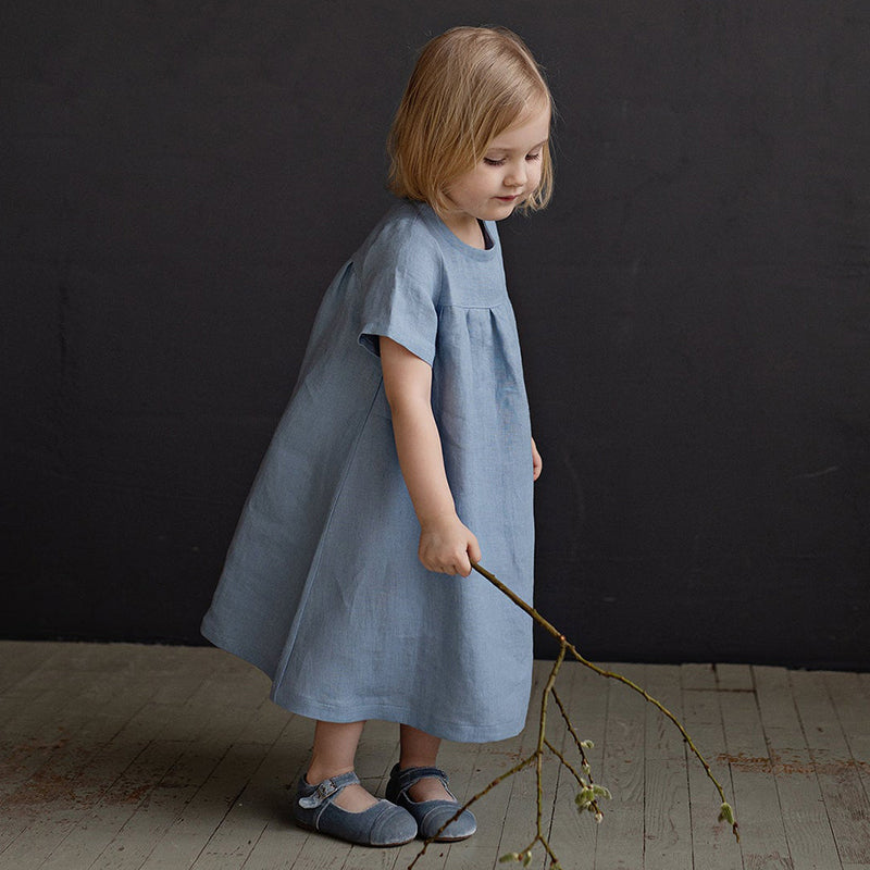 Girls Round Neck Solid Color Pleated Loose Short-Sleeve Dresses TZ31