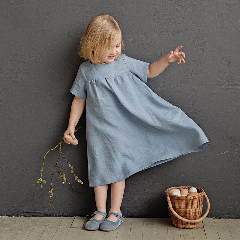 Girls Round Neck Solid Color Pleated Loose Short-Sleeve Dresses TZ31