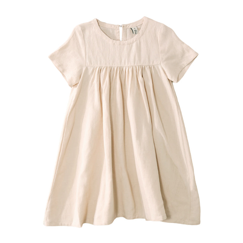 Girls Round Neck Solid Color Pleated Loose Short-Sleeve Dresses TZ31