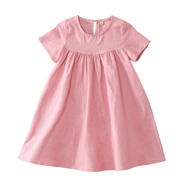 Girls Round Neck Solid Color Pleated Loose Short-Sleeve Dresses TZ31