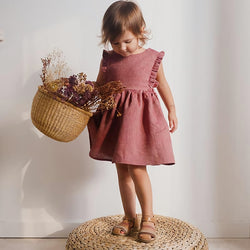 Girls Ruffle Retro Linen Dress TZ022