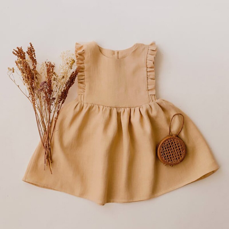 Girls Ruffle Retro Linen Dress TZ022