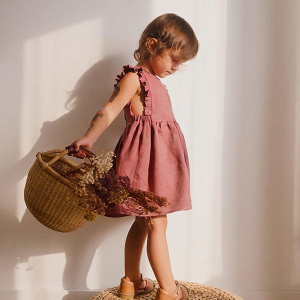 Girls Ruffle Retro Linen Dress TZ022