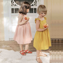 Girls V-Back Linen Dress  Petal Sleeve Sleeveless Casual Princess Dresses TZ053