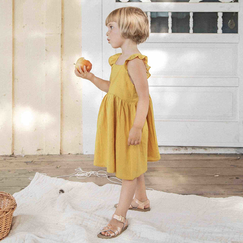 Girls V-Back Linen Dress  Petal Sleeve Sleeveless Casual Princess Dresses TZ053