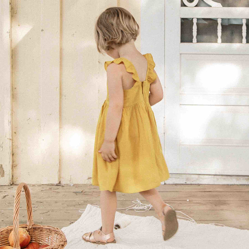 Girls V-Back Linen Dress  Petal Sleeve Sleeveless Casual Princess Dresses TZ053