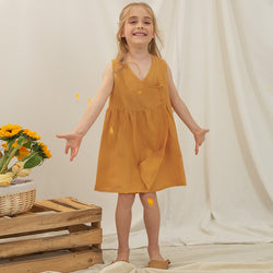 Girls' V-neck Linen Dress Sleeveless Stitching Literary Princess Dresses TZ41