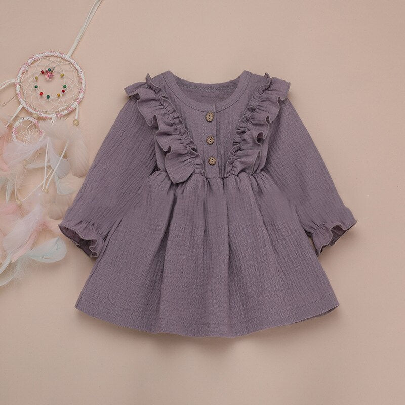 Ruffles Long Sleeve Solid Cotton Linen Dress WT45