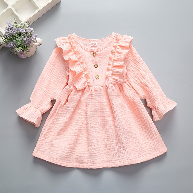 Ruffles Long Sleeve Solid Cotton Linen Dress WT45