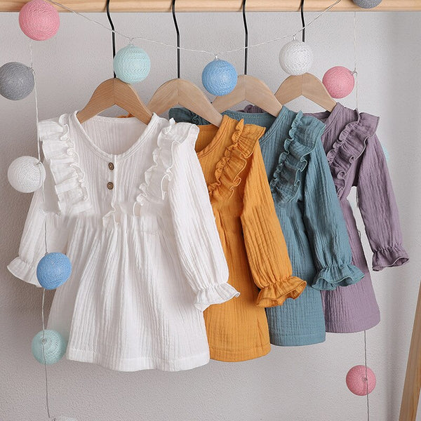 Ruffles Long Sleeve Solid Cotton Linen Dress WT45