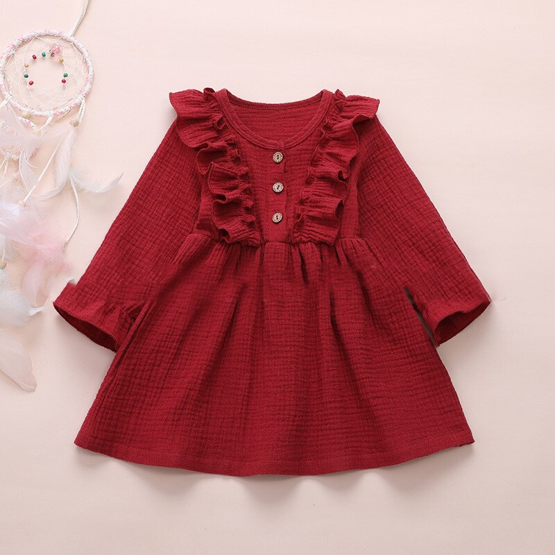 Ruffles Long Sleeve Solid Cotton Linen Dress WT45