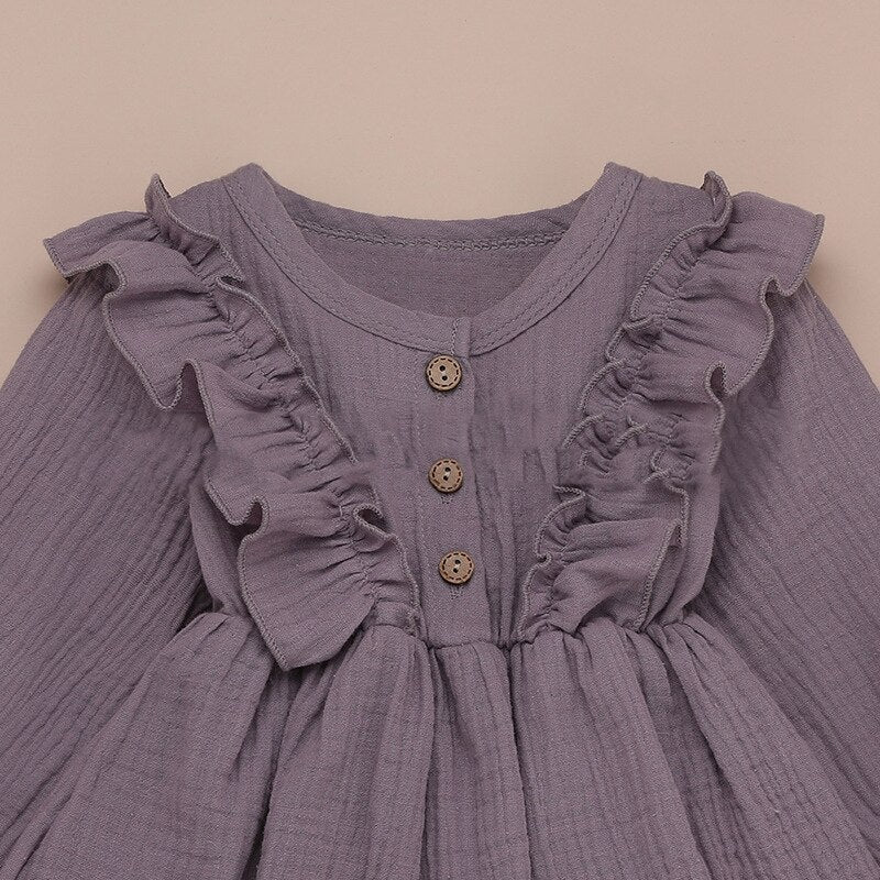 Ruffles Long Sleeve Solid Cotton Linen Dress WT45