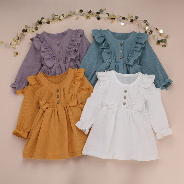 Ruffles Long Sleeve Solid Cotton Linen Dress WT45