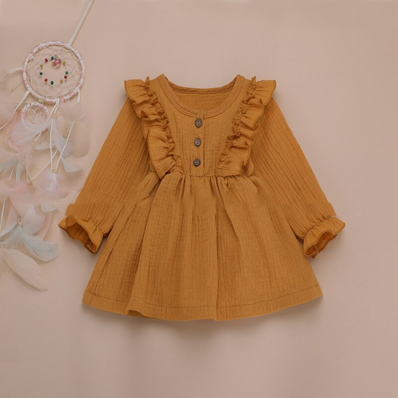 Ruffles Long Sleeve Solid Cotton Linen Dress WT45