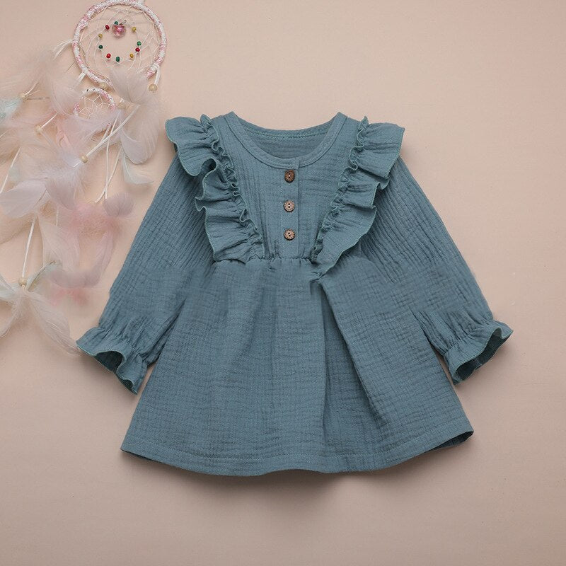 Ruffles Long Sleeve Solid Cotton Linen Dress WT45