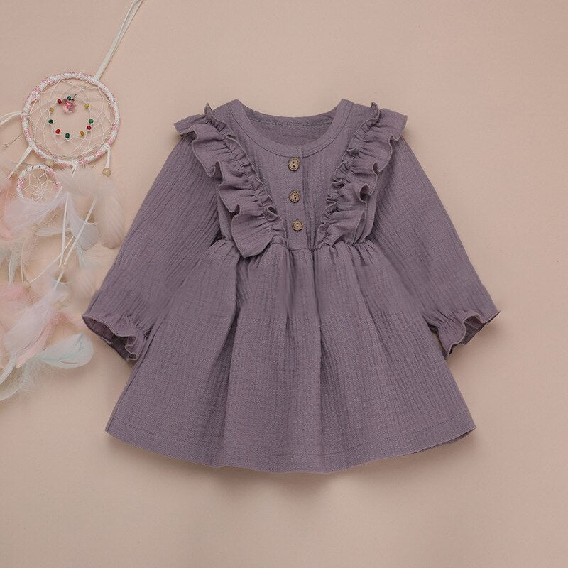 Ruffles Long Sleeve Solid Cotton Linen Dress WT45