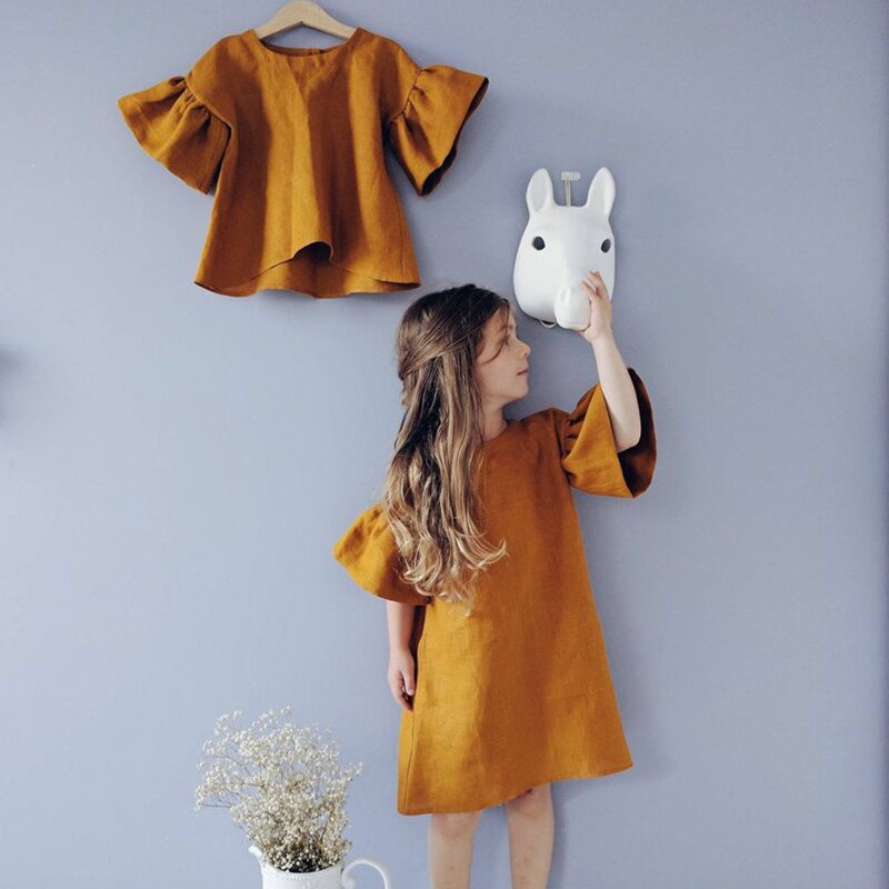 New Solid Color Flare Sleeves Comfortable Children Dresses WT61