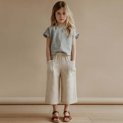 Girls Retro Casual Elastic Waist Straight Linen Pant With Pockets TZ157