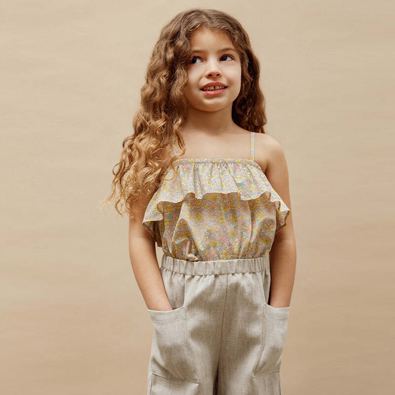 Girls Retro Casual Elastic Waist Straight Linen Pant With Pockets TZ157